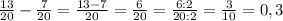 \frac{13}{20} - \frac{7}{20} = \frac{13 - 7}{20} = \frac{6}{20} = \frac{6 : 2}{20 : 2} = \frac{3}{10} = 0,3
