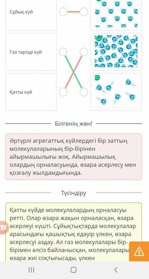 Суретте бір зат молекулаларының қозғалысы үш түрлі агрегаттық күйде көрсетілген. Суреттер мен агрега