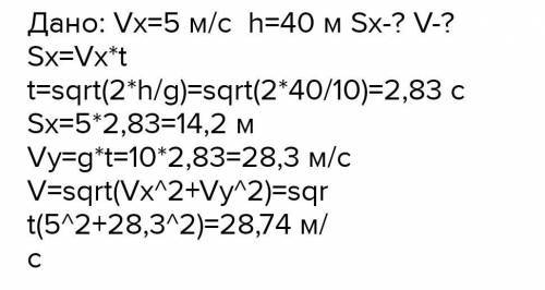 Тело брошено горизонтально со скоростью 40 м/с. Определить, с какой высоты брошено тело, скорость те