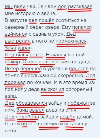 Спишите текст. Подчеркните главные члены предложения. Мы пили чай. За чаем дед рассказал мне историю