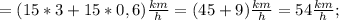 =(15*3+15*0,6)\frac{km}{h}=(45+9)\frac{km}{h}=54\frac{km}{h};