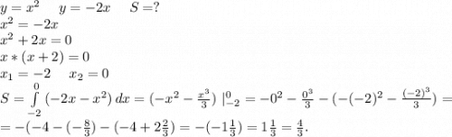 y=x^2\ \ \ \ y=-2x\ \ \ \ S=?\\x^2=-2x\\x^2+2x=0\\x*(x+2)=0\\x_1=-2\ \ \ \ x_2=0\\S=\int\limits^0_{-2} {(-2x-x^2)} \, dx=(-x^2-\frac{x^3}{3})\ |_{-2}^0=-0^2-\frac{0^3}{3}-(-(-2)^2-\frac{(-2)^3}{3})=\\=-(-4-(-\frac{8}{3})-(-4+2\frac{2}{3})=-(-1\frac{1}{3})=1\frac{1}{3}=\frac{4}{3} .