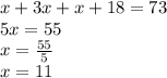 x+3x+x+18=73\\5x=55\\x=\frac{55}5\\x=11