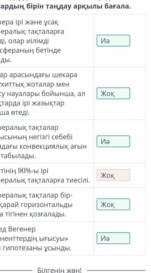 Литосфералық тақталар туралы тұжырымдарды «иә»немесе «жоқ» деген жауаптардың бірін таңдау арқылы бағ