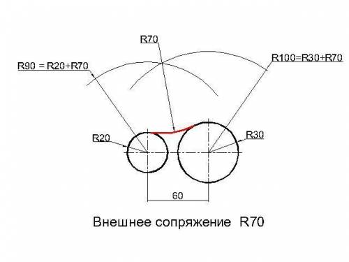 Даны 2 окружности R1=20 R2=30. Расстояние между центрами окружностей =60. Построить внешнее сопряжен