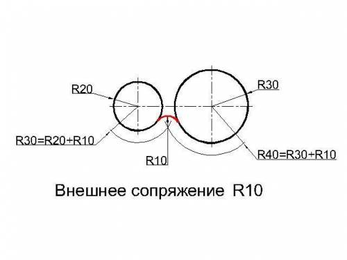 Даны 2 окружности R1=20 R2=30. Расстояние между центрами окружностей =60. Построить внешнее сопряжен