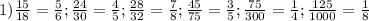 1)\frac{15}{18}=\frac{5}{6} ;\frac{24}{30} =\frac{4}{5} ;\frac{28}{32} =\frac{7}{8} ;\frac{45}{75} =\frac{3}{5} ;\frac{75}{300} =\frac{1}{4} ;\frac{125}{1000} =\frac{1}{8}