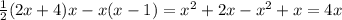 \frac{1}{2}(2x+4)x-x(x-1)=x^2+2x-x^2+x=4x