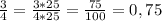 \frac{3}{4} =\frac{3*25}{4*25}= \frac{75}{100} =0,75