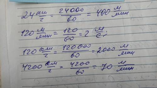 Выразив в указанных единицах измерения скорости:24км/ч=... М/мин120 м/мин=... м/сек120 км/ч = ...м/м