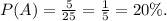 P(A)=\frac{5}{25}=\frac{1}{5}=20\%.