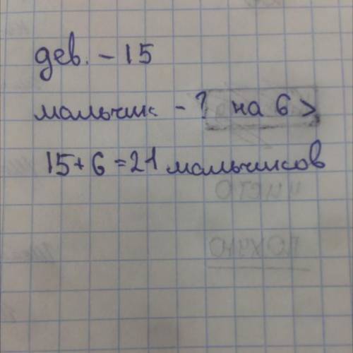 Составь схему к задаче и реши ее. В классе 15 девочек, а мальчиков на 6больше. Сколько мальчиков в к