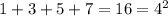 1 + 3 + 5 + 7 = 16 = {4}^{2}