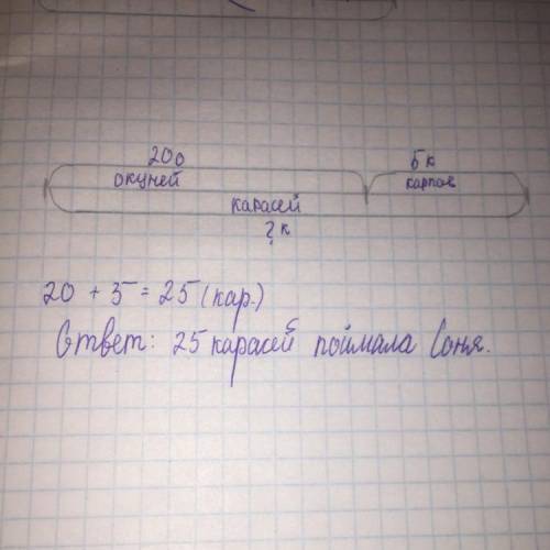 Реши задачу. Соня поймала 20 окуней, 5 кар-пов, а карасей столько, сколькокарпов и окуней вместе. Ск