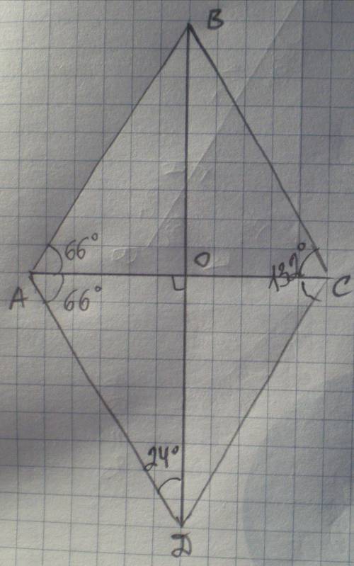 Один из углов ромба равен 132°. Найдите углы, которые образует сторона ромба с его диагоналями.