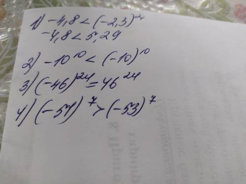 Сравни значения выраусении 1) (-4, 8) (<>=) (-2,3)^22) -10^10 (<>=) (-10)^103) (-46)^24