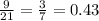 \frac{9}{21} = \frac{3}{7} =0.43