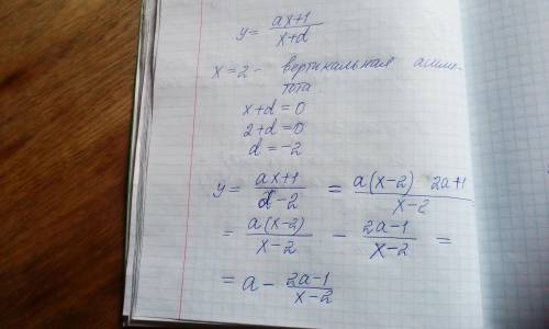 АЛГЕБРА! Прямые х = 2, у = -1 являются асимптотами дробно-линейной функции у = (ах+1)/(х+d)Найдите з