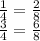 \frac{1}{4} = \frac{2}{8} \\ \frac{3}{4} = \frac{6}{8}