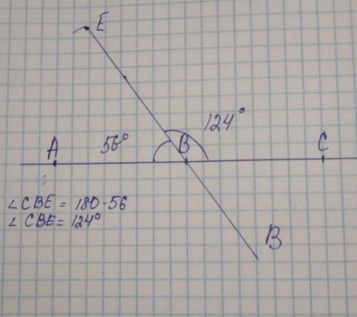 Луч BE разделил развернутый угол ABC на 2 угла. Угол ABE равен 56°. Найдите градусная меру угла CBE