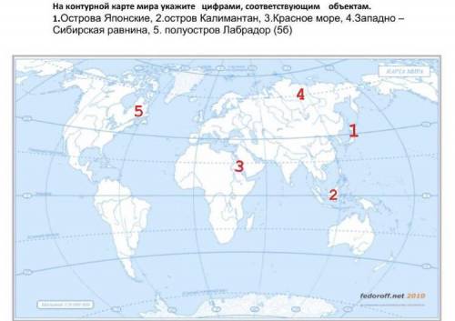 На контурной карте мира укажит цифрами соответствующим оъектам​