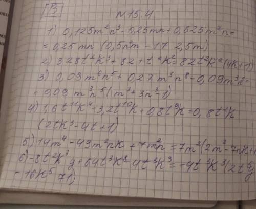 15.4. 1)0,125m2n3 – 0,25mn + 0,625m2n; 2) 328t2k3 + 82t2k2, 3) 0,09m6n5 + 0,27m3n8 – 0,09m3n5; 4) 1,