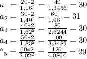 a_{1} =\frac{20*2}{1,16^{2} } = \frac{40}{1,3456} = 30\\a_{2} = \frac{30*2}{1,40^{2} } = \frac{60}{1,96} =31\\a_{3} = \frac{40*2}{1,62^{2} } = \frac{80}{2,6244} = 30\\a_{4} = \frac{50*2}{1,83^{2} } = \frac{100}{3,3489} = 30\\а_{5} = \frac{60*2}{2,02^{2} } = \frac{120}{4,0804} = 29