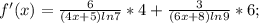 f'(x)=\frac{6}{(4x+5)ln7}*4+\frac{3}{(6x+8)ln9}*6;