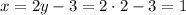 x=2y-3=2\cdot 2-3=1