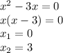 x^{2} -3x=0\\x(x-3) = 0\\x_{1} = 0\\x_{2} = 3\\