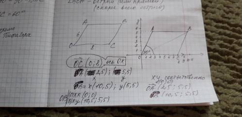 Дано : ОАВС – параллелограмм, ОА= 6 см, ОС = 8см, (т.О- начало координат, т.С на оси Ох ) , = 60 ͦ .