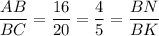 \dfrac{AB}{BC}=\dfrac{16}{20}=\dfrac{4}{5}=\dfrac{BN}{BK}