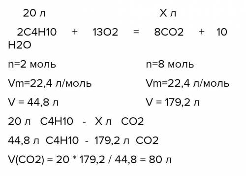 Який об'єм вуглекислого газу виділиться при згорянні бутану об'ємом 20 л