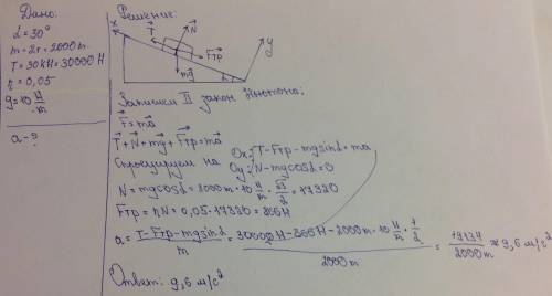 Вагонетку поднимают по эстакаде с углом наклона 30 градусов к горизонту. Масса вагонетки 2 т. Опреде