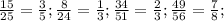 \frac{15}{25}=\frac{3}{5}; \frac{8}{24}=\frac{1}{3}; \frac{34}{51}=\frac{2}{3}; \frac{49}{56}=\frac{7}{8};