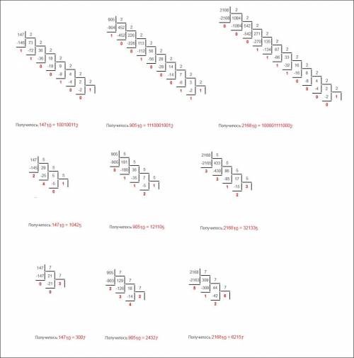 Осуществить перевод целых чисел из 10 с/с в указанную.147,905,2168 в 2,5,7 с/с​