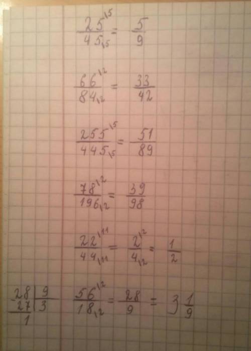 Сократить дробь: .25/45; 66/84; 255/445; 78/196; 22/44;56/18​