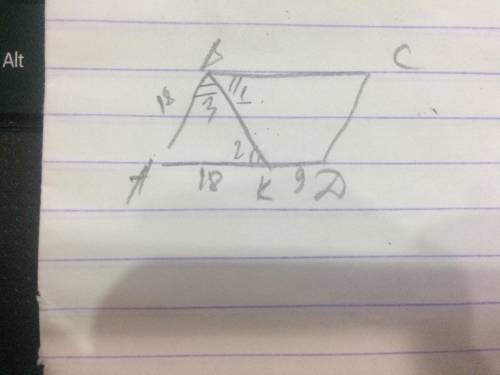 В параллелограмме ABCD биссектриса угла В делит его сторону АD на отрезки АК = 18см и КD = 9 см. Най