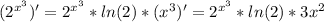 (2^{x^{3} } )' = 2^{x^{3} }*ln(2 )*(x^{3} )'=2^{x^{3} }*ln(2)*3x^{2}