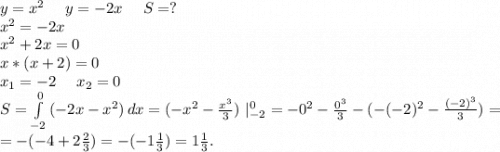 y=x^2\ \ \ \ y=-2x\ \ \ \ S=?\\x^2=-2x\\x^2+2x=0\\x*(x+2)=0\\x_1=-2\ \ \ \ x_2=0\\S=\int\limits^0_{-2} {(-2x-x^2)} \, dx=(-x^2-\frac{x^3}{3}) \ |_{-2}^0=-0^2-\frac{0^3}{3}-(-(-2)^2- \frac{(-2)^3}{3})=\\ =-(-4+2\frac{2}{3} )=-(-1\frac{1}{3})=1\frac{1}{3}.