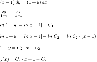 (x-1)\, dy=(1+y)\, dx\\\\\frac{dy}{1+y} =\frac{dx}{x-1} \\\\ln|1+y|=ln|x-1|+C_1\\\\ln|1+y|=ln|x-1|+ln|C_2|=ln|C_2\cdot (x-1)|\\\\1+y=C_2\cdot x-C_2\\\\y(x)=C_2\cdot x+1-C_2