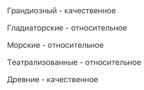 Определи разряд прилагательных.Грандиозный (амфитеатр) –Гладиаторские (бои) –Морские (сражения) – Те