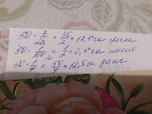 Сельское хозяйство занимает 50 га.Из них 7/20 гречка,1/100 пшено и 1/4 рапс.Сколько гектаров занимае