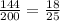 \frac{144}{200} = \frac{18}{25}