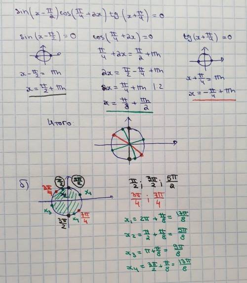 а) Решите уравнение Sin(x-π/2)cos⁡(π/4+2x)tg(x+π/4)=0б) Найдите все корни этого уравнения, принадлеж