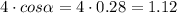 4\cdot cos\alpha = 4\cdot 0.28=1.12