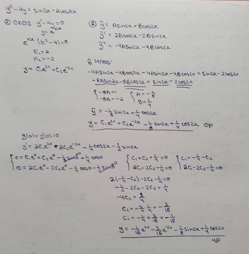 решить y-4y= f(x), где функция f(x) имеет следующий вид: 1) sin2x -2cos2x2) y(0)=y'(o)=0​