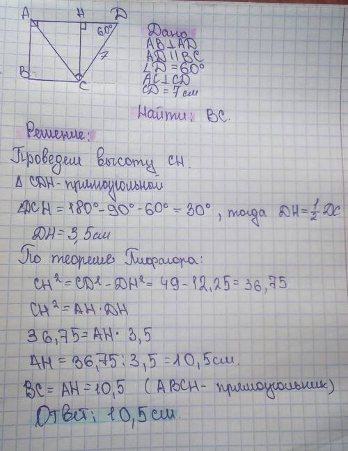 В прямоугольной трапеции ABCD (AD параллельно BC). Угол D=60*. Найдите основание ВС, если CD=7см, а