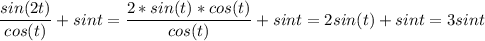 \displaystyle \frac{sin (2t)}{cos(t)}+ sin t=\frac{2*sin(t)*cos(t)}{cos(t)}+ sin t=2sin(t)+ sin t = 3sin t