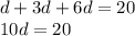 d+3d+6d=20\\10d=20